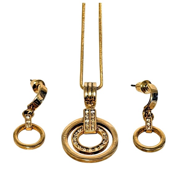 Jewelry - Double Circle Pendant Necklace Drop Earrings Jewelry Set Gold Tone Rhinestone